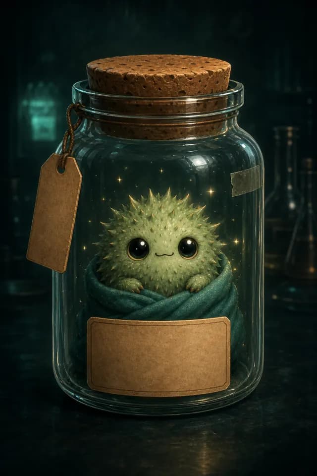 Burr wrapped in a blanket inside the jar, calm and warm — the specimen on the mend.