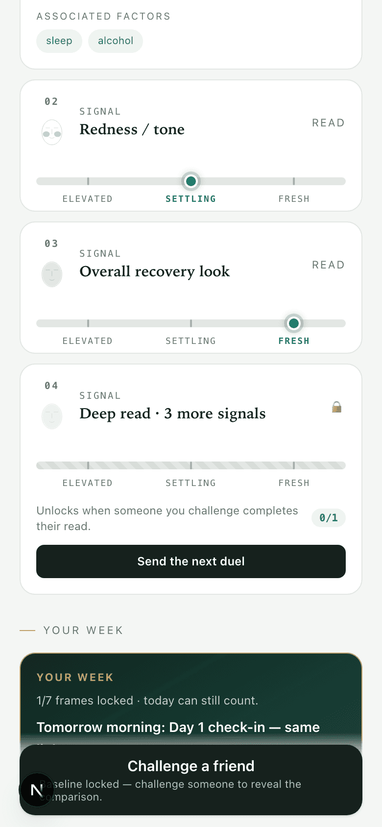 NextFace result: the deep read panel locked until a challenged friend completes their read