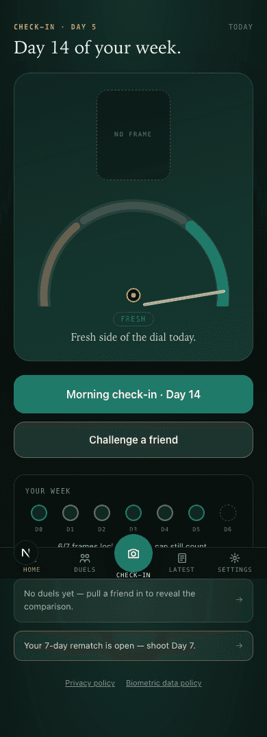 NextFace home: a seeded week of check-in rings building across seven days